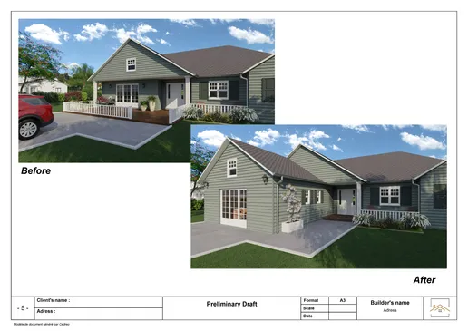 Preliminary draft with a before / after prefab addition generated with Cedreo
