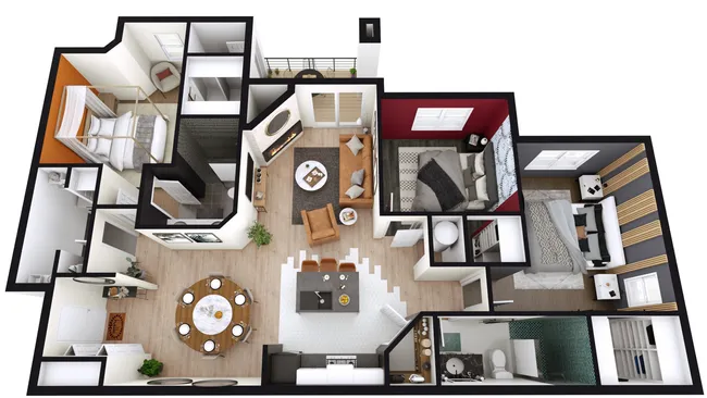 Plan 3D d'un appartement à 3 chambres réalisé avec Cedreo