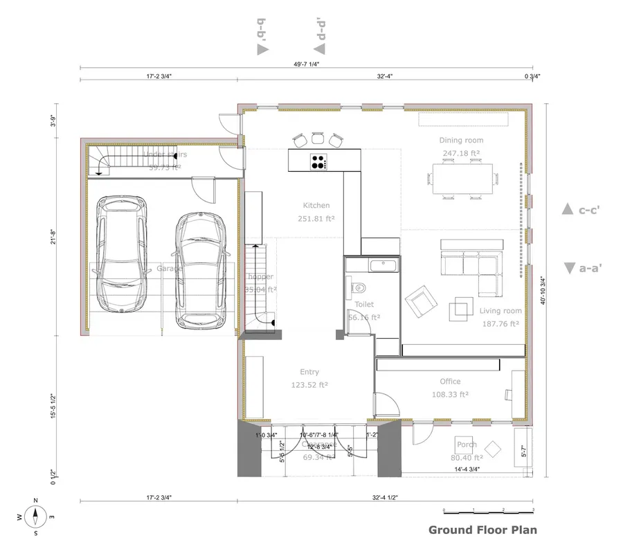 2D groundfloor plan of a craftsman house designed with Cedreo