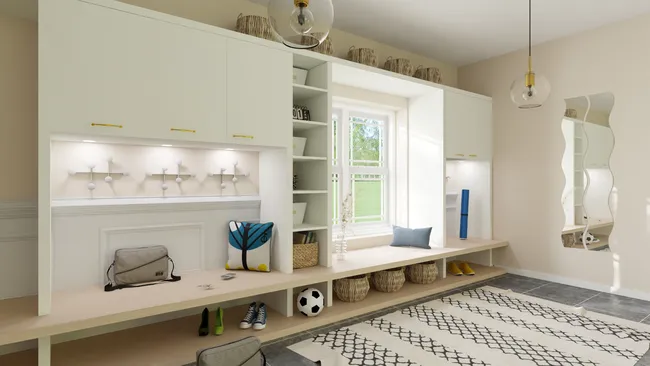 3D rendering of a mudroom designed with Cedreo