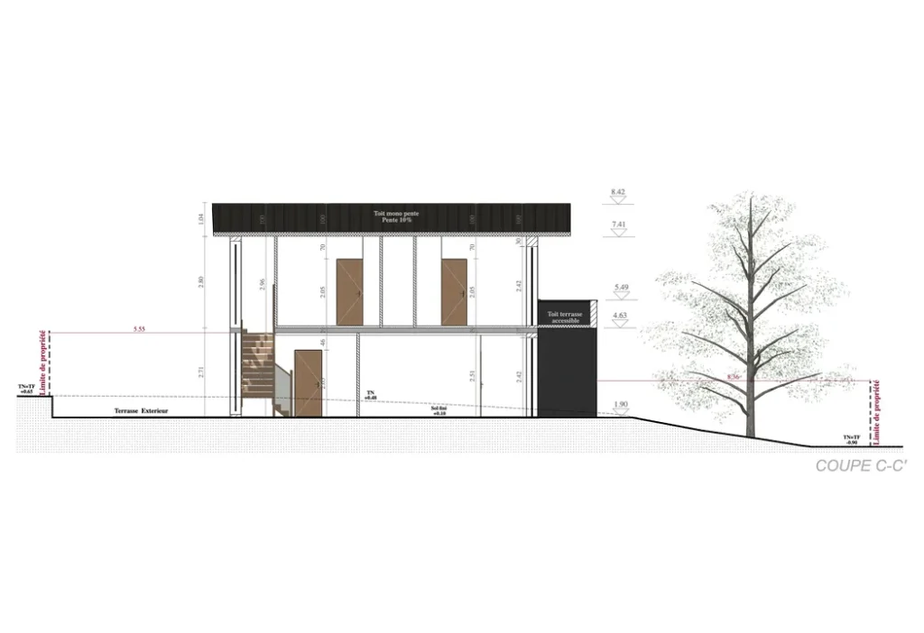 Plan de coupe maison moderne avec annotations réalisé avec Cedreo