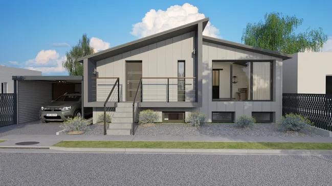 3D render of a modern single story house by Cedreo