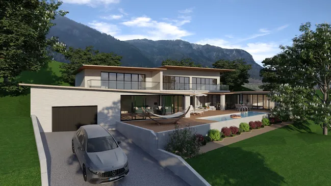 3D render of a mid century modern house by Cedreo